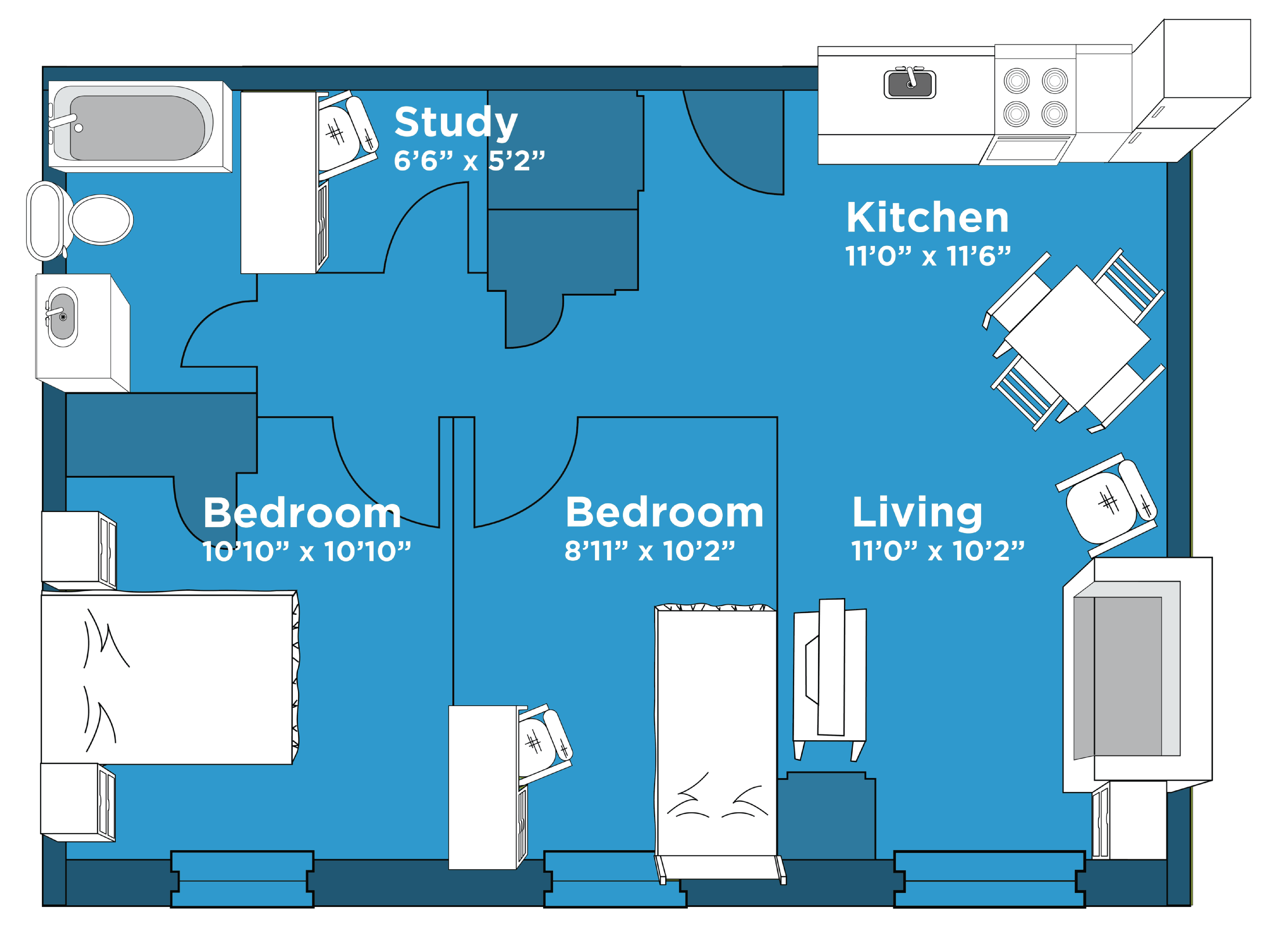 2 bedroom shared suite or apartment layout 