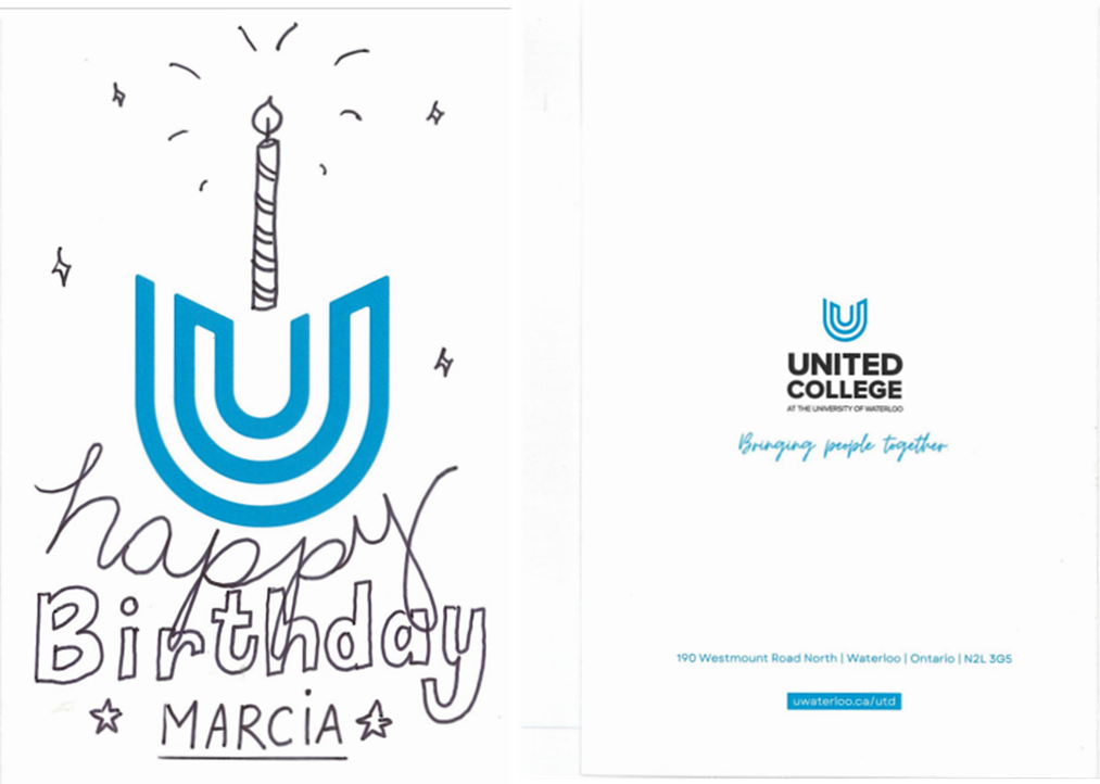 The front and back of a United College card with "Happy Birthday Marcia" written in the front