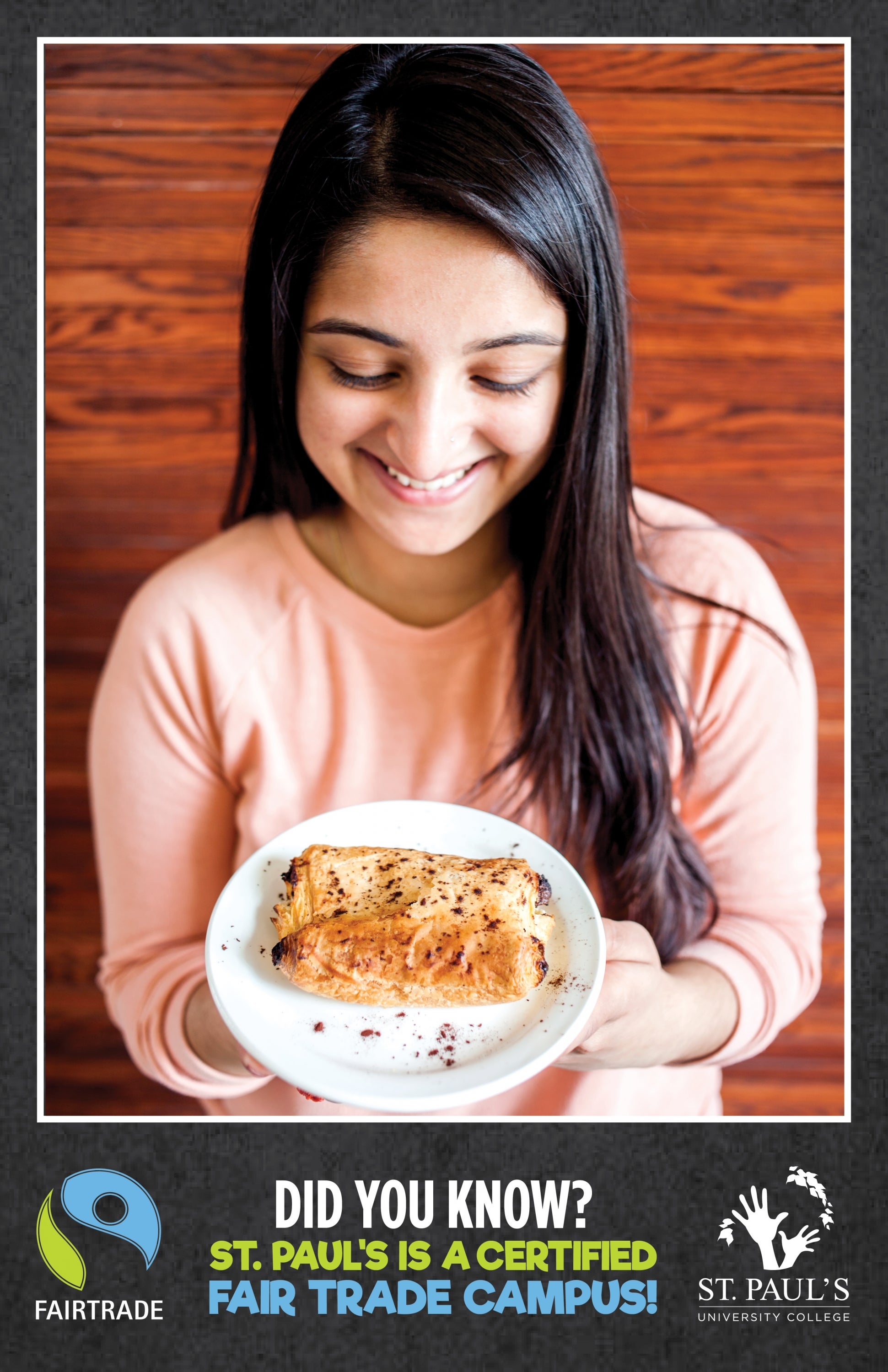 Poster of female student holding Fair Trade chocolate croissant