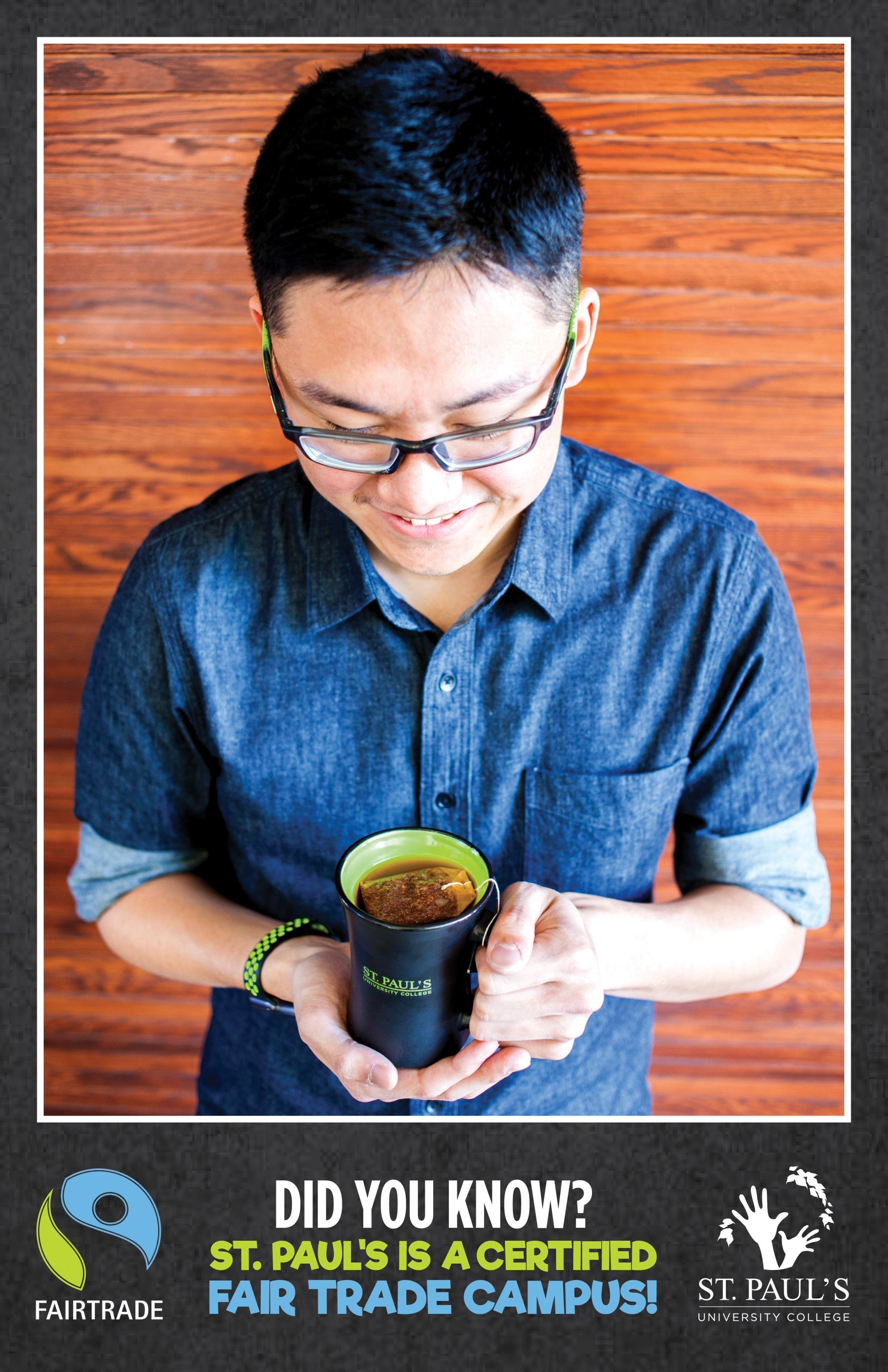 Poster of male student holding Fair Trade tea