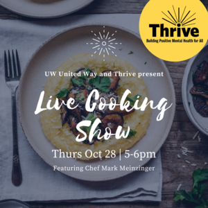 A plate of pasta with the words &quot;Live Cooking Show&quot; and the time and date. The Thrive mental health logo is in the corner