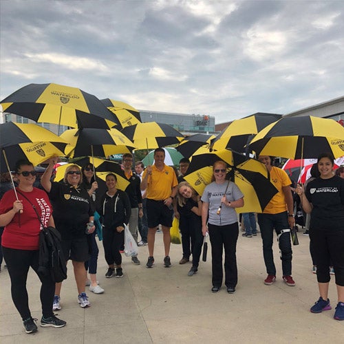 A large group of staff and students pose with their black and gold umbrellas