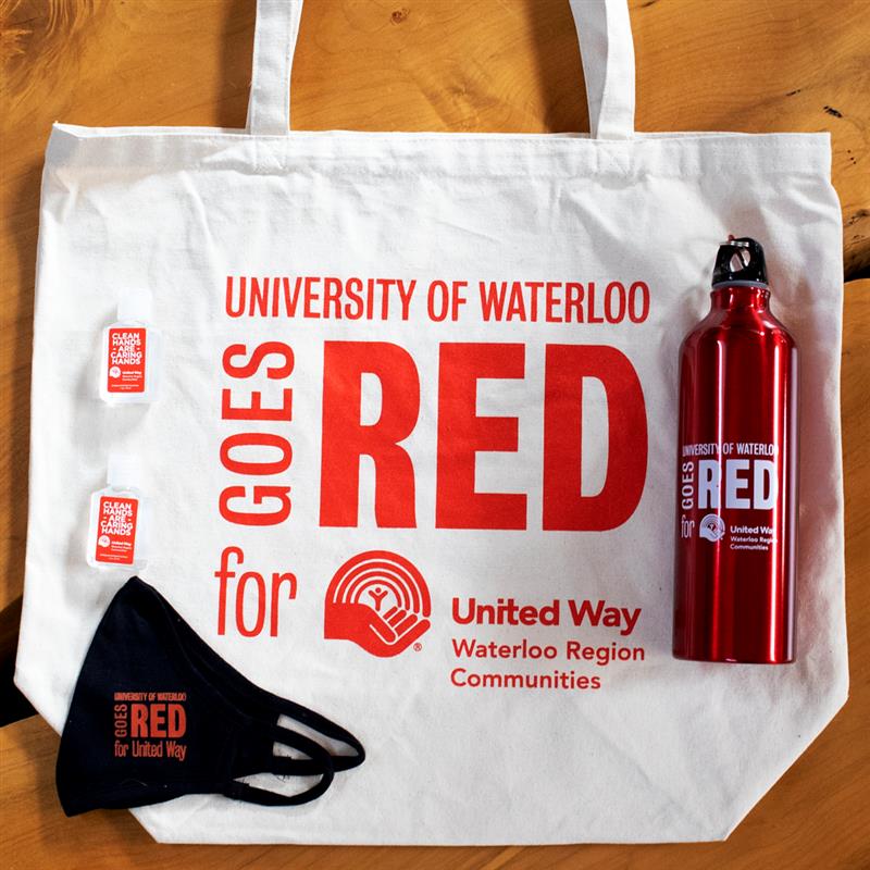 Unied Way package containing a United Way bag, water bottle and mask