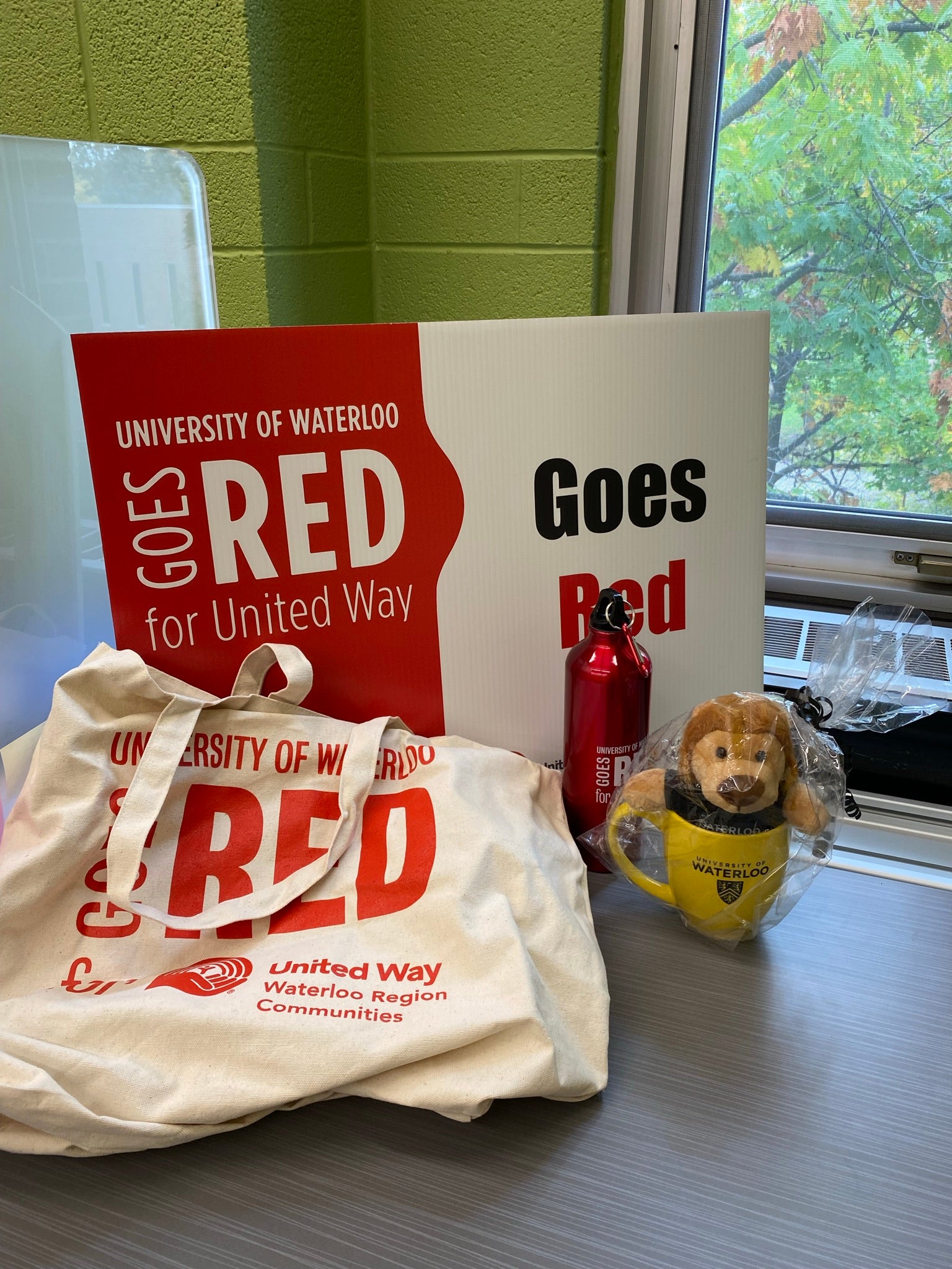  a UW mug witha stuffed UW mascot plushie, and a United Way Camapign tote bag and water bottle