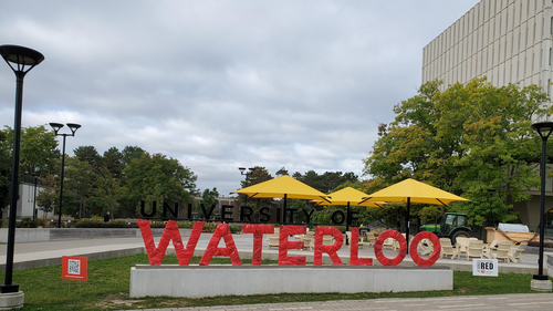 University of Waterloo sign wrapped in red for GO RED Day