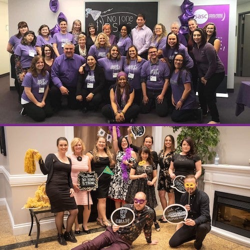 Two images of SASC workers and leaders in purple shirts and in formal wear at a masquerade event.