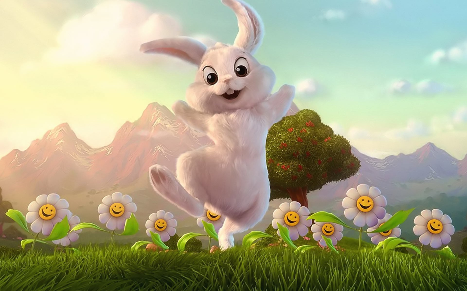 Joyful bunny in flowers