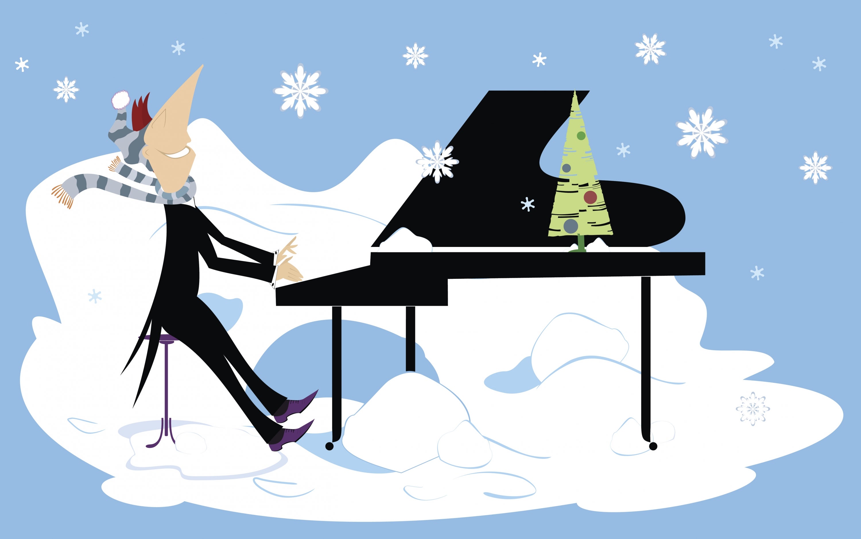 cartoon of man playing piano in the snow 