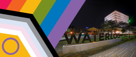 The Pride progress flag in front of the University of Waterloo sign
