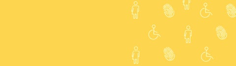 Yellow banner with a fingerprint, person in a wheelchair, and a non-binary icon