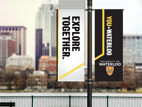 Creative mock-up of the You+Waterloo street banner signs designed for campus