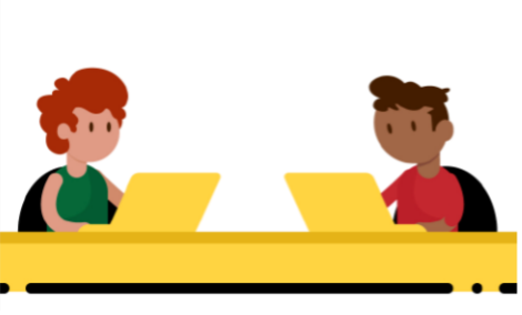Designed graphic of two people sitting at a desk with their laptops