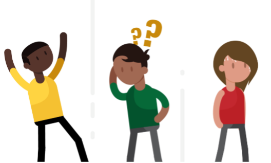 Designed graphic of three people- one with dark skin and arms raised, one with medium skin thinking, and one with light skin standing with long brown hair
