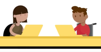 Designed graphic of two people sitting at a desk with laptops. One with black hair and the other with brown hair in a wheelchair.