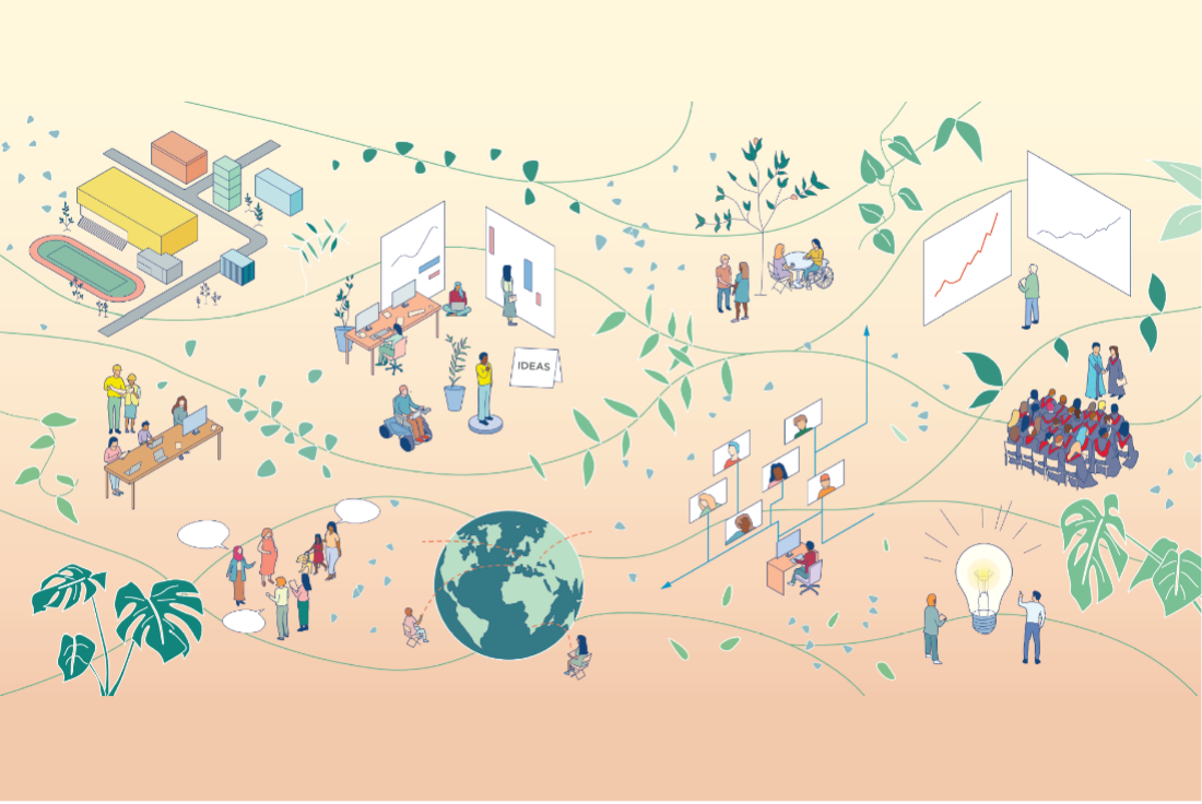 Revised designed graphic of people in an office setting, connected with leaves and vines throughout