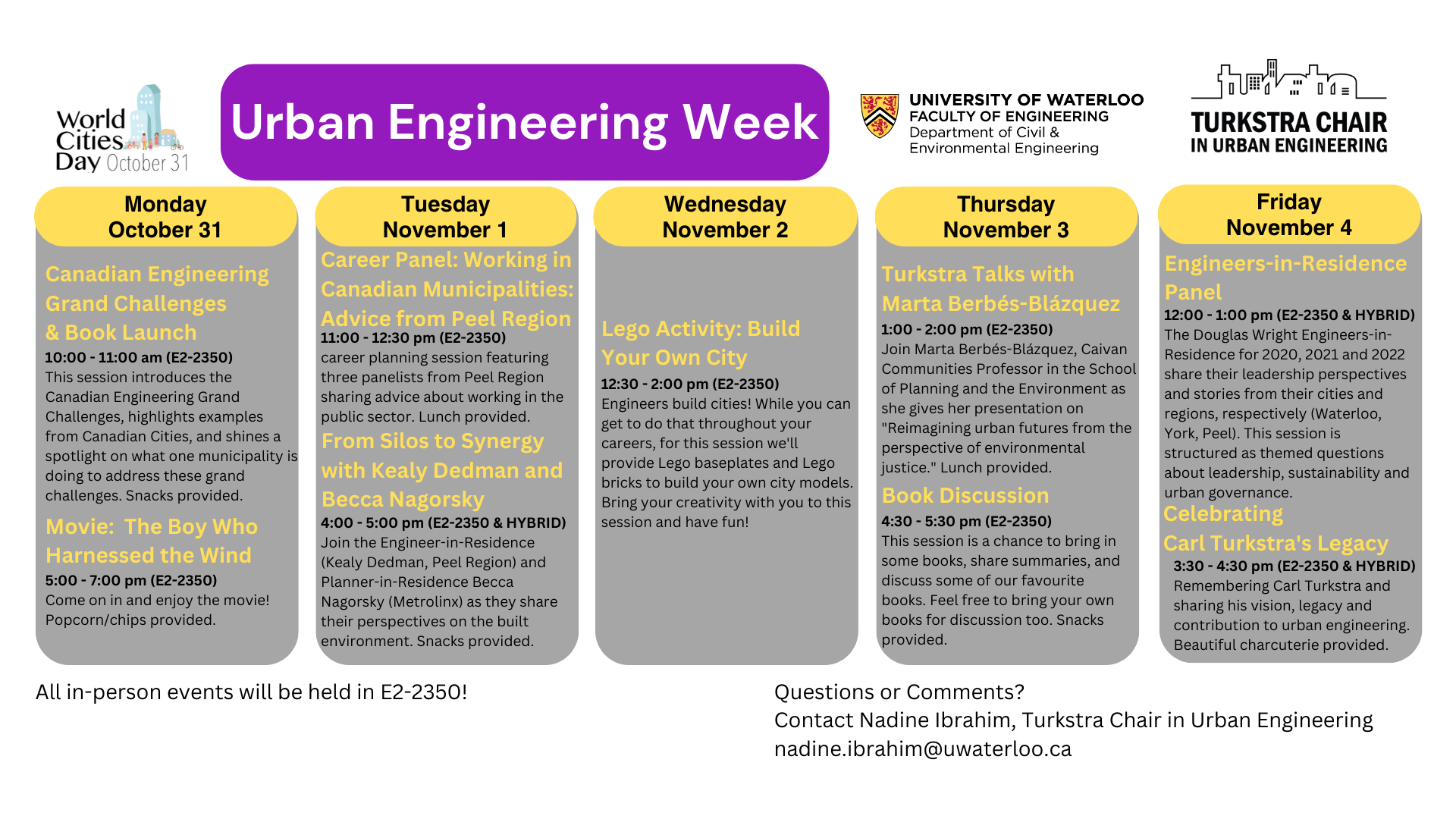Urban Engineering Week Calendar