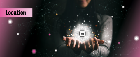 Location with person holding AI globe