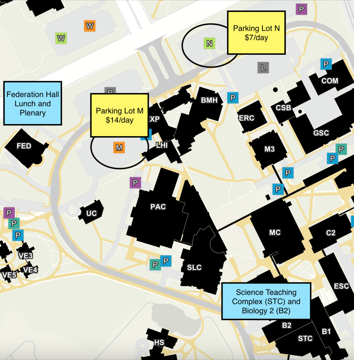 Map of parking locations, costs, and other campus buildings