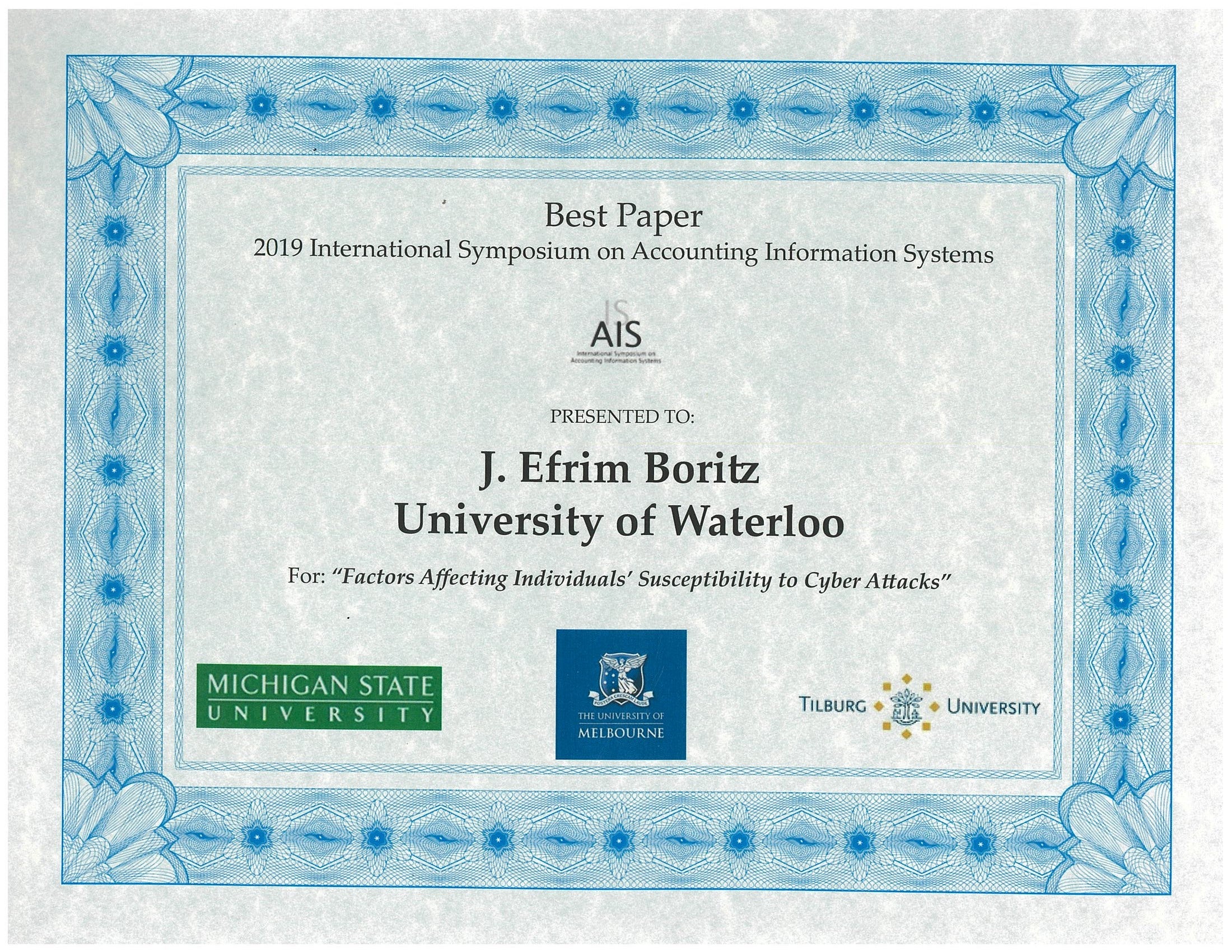 best paper award Efrim Boritz