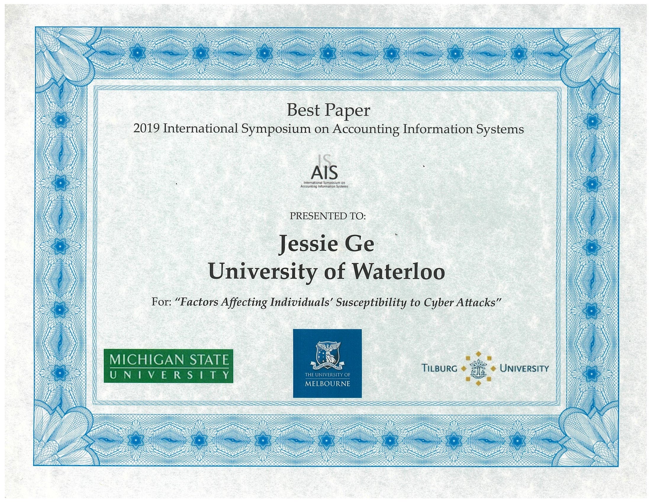 best paper award Jessie Ge