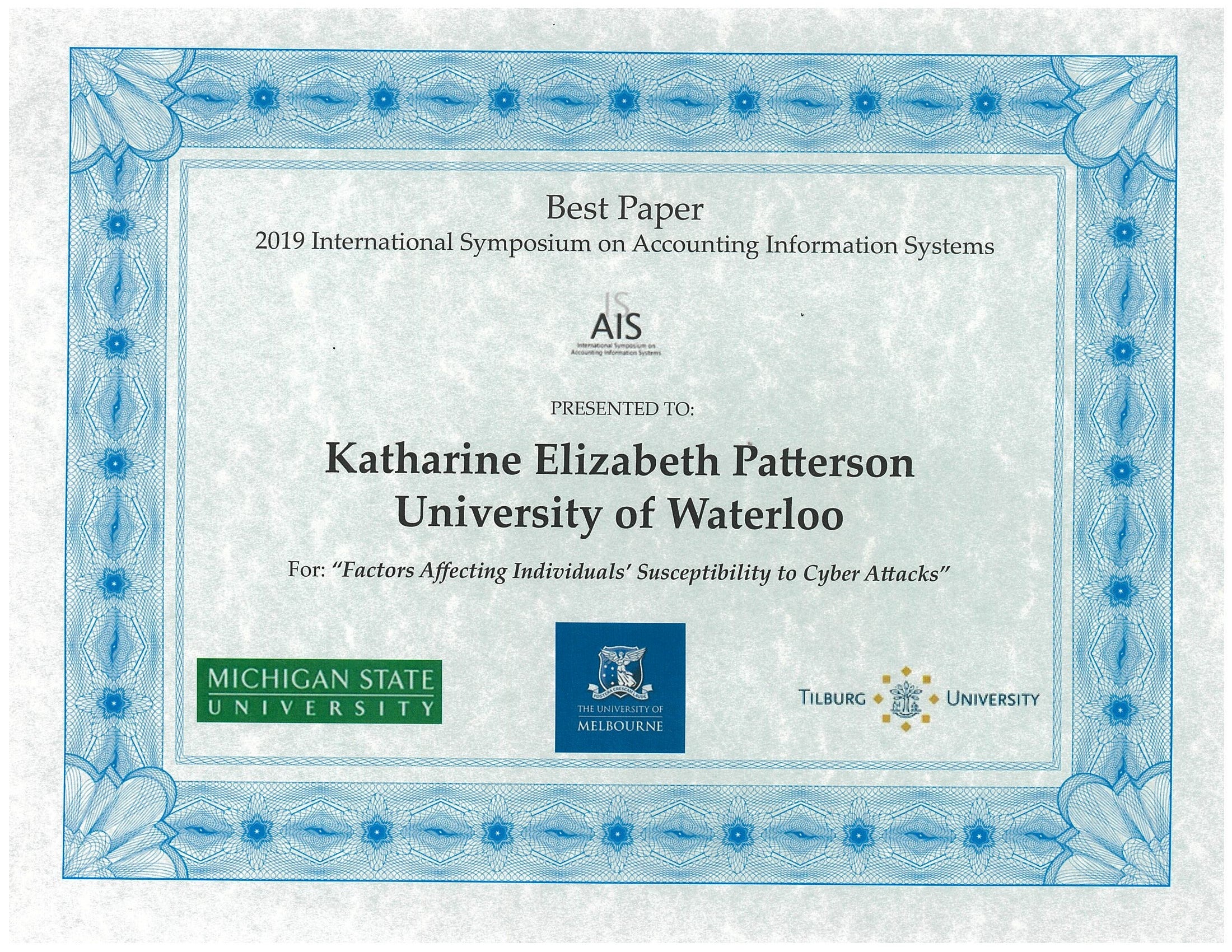 best paper award Kate Patterson