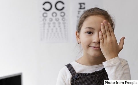 Young girl covers her left eye during an eye test