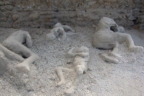Pompeii; in the "Garden of the Fugitives" a pathetic group of children and adults lie in the corner of the vineyard