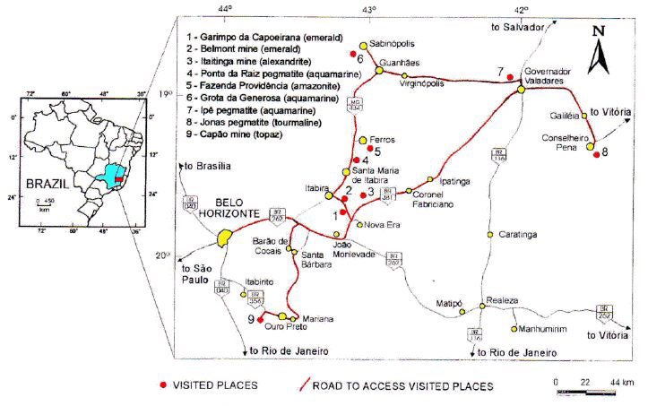 Locations of selected gem deposits in Minas Gerais