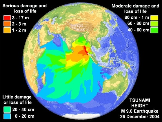 Wave heights generated by the great Sumatran earthquake on December 26, 2004