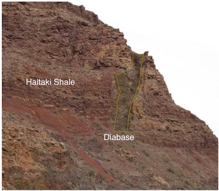 Haitaki shale intruded by a diabase dike.