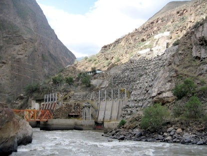 View of rockslope stabilization, utilizing anchors and rock bolts, above intakes to the Canon del Pato hydroelectric plant.