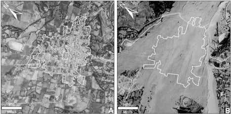The site of Yungay before (A) and after (B) the May 31, 1970 debris flow in georeferenced aerial photographs.