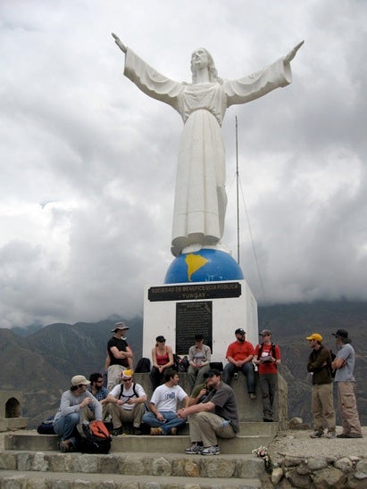 Students gave presentations on 1962 and 1970 Huascaran events at the statue of Christ at the summit of Cemetery Hill, Yungay.