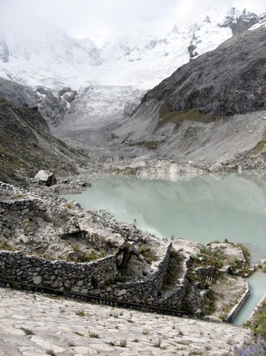 Laguna Llaca, a moraine-dammed lake formed by glacier retreat in the Cordillera Blanca.