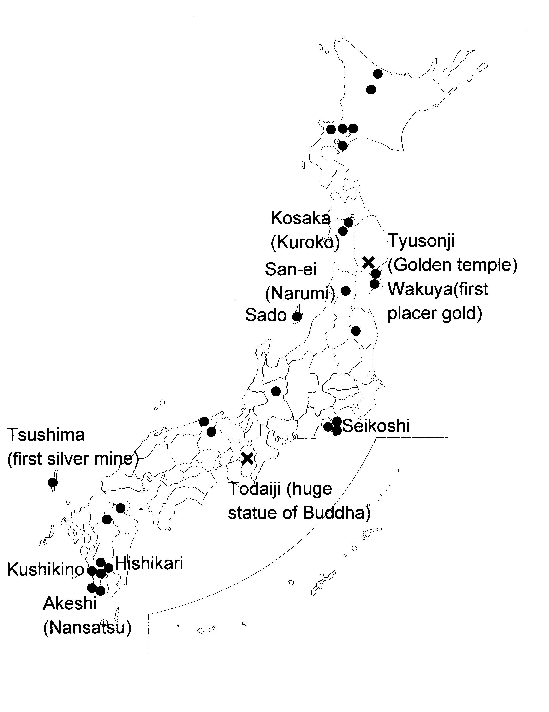 Map illustrating the position of Japanese gold deposits, mining areas and places mentioned in the text