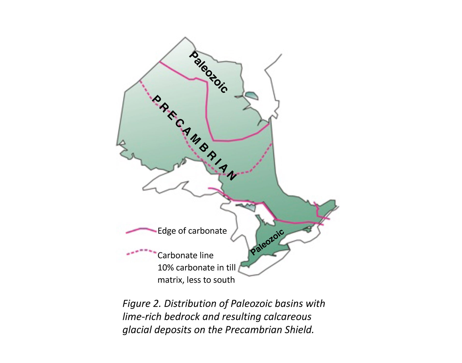 Distribution of Paleozoic basins with lime-rich bedrock and resulting calcareous glacial deposits on the Precambrian Shield.