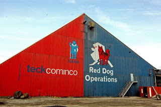 Barn with "Red Dog Operations" on the right half, while the left half has "NANA, teckcominco" on it.