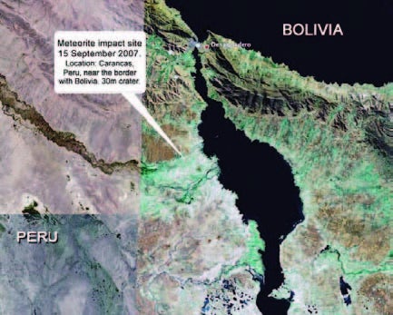 Figure 1: Location of the Carancas, Peru, impact site near the south end of Lake Titicaca.