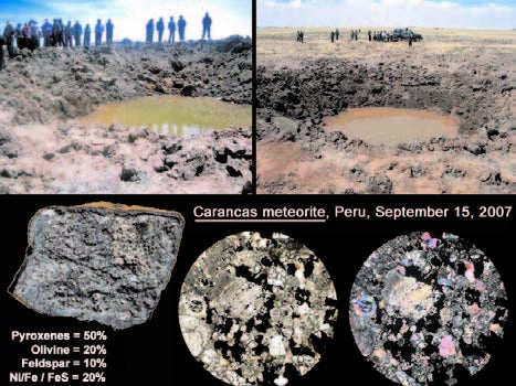 Figure 2: The Carancas impact site (top) with a fragment (lower left). Note that the “crust” is a resin coating used to bind the specimen for thin-sectioning. It is not an ablation rind frequently found in meteorites. Thin sections illustrating the largely pyroxene/olivine nature of the chondrite are shown on the lower right.
