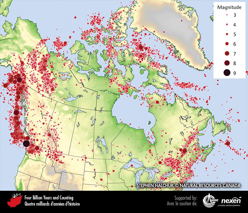 Seismic map of Canada, showing distribution of earthquakes greater than magnitude 2.5. High concentrations along the oceanic coasts, with the highest concentration and highest magnitude along the West coast.