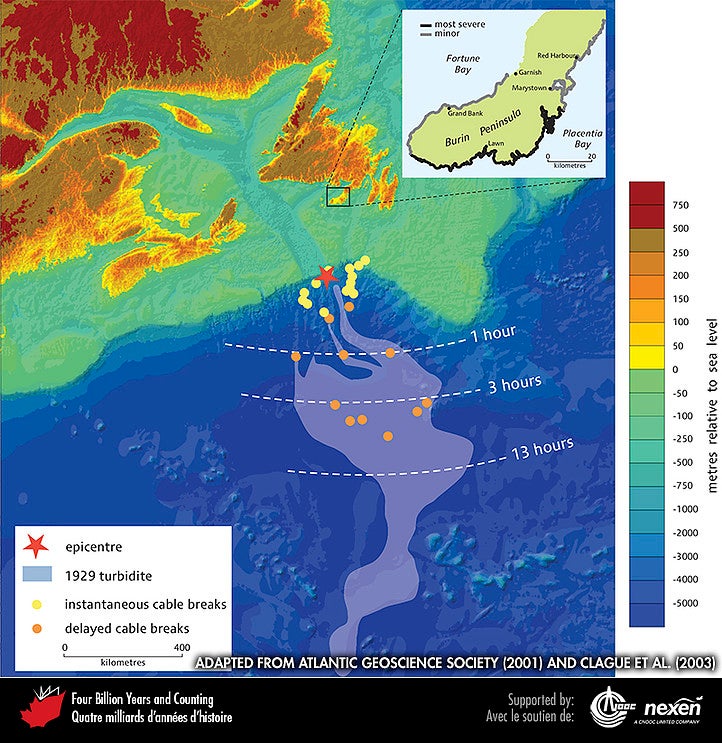 Topographical map of the Grand Banks tsunami and the extent of the damage.