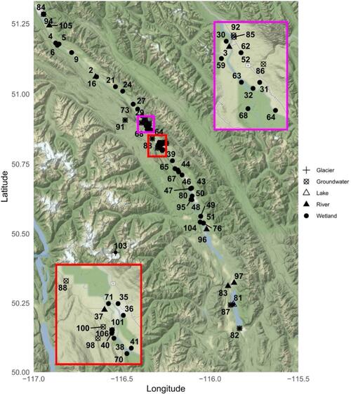  Location of sampling sites in the upper Columbia Valley, British Columbia. 