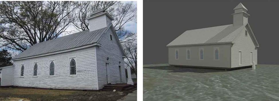 Figure 2. Mt. Zion Primitive Baptist Church in Princeville, NC (left) and a rendering of the church in a flood (right)