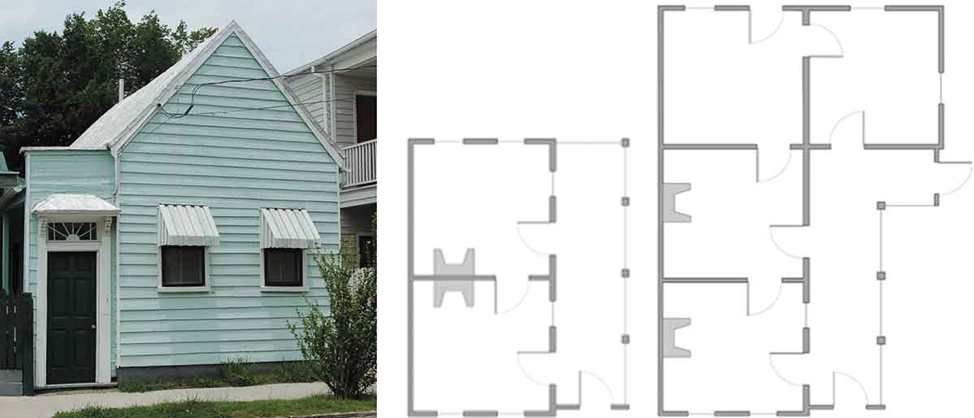 Figure 3. Traditional freedman’s cottage in Charleston (left); examples of traditional freedman’s cottage floor plans (center and right)