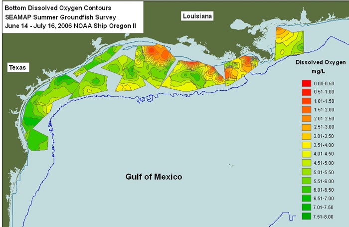 Map of deadzones in the gulf of Mexico