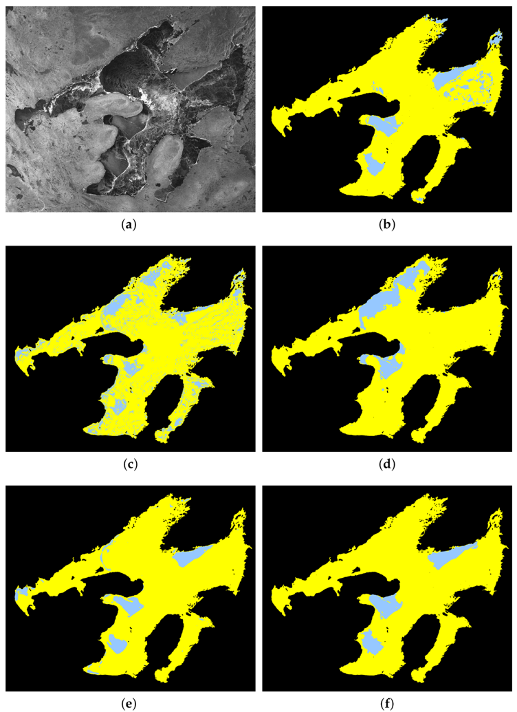 Figure 4. Ice-water classification of 27 November 2014 scene. Ice is shown in yellow and water in blue. (a) SAR image. (b) IRGS-Manual with accuracy of 86.0%. (c) SVM pixel-wise classification with accuracy of 81.0%. (d) IRGS-SVM; IRGS segmentation labeled by SVM with accuracy of 84.8%. (e) RF pixel-wise classification with accuracy of 94.3%. (f) IRGS-RF; IRGS segmentation labeled by RF with accuracy of 98.5%.