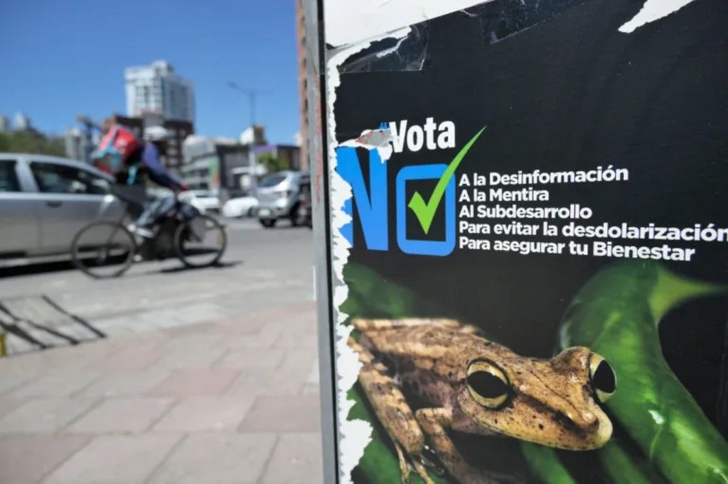 An advertisement against the halting of the exploitation of crude oil in an important block of the Yasuni National Park is seen 