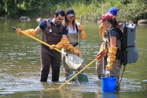 Students electrofishing in Grand River