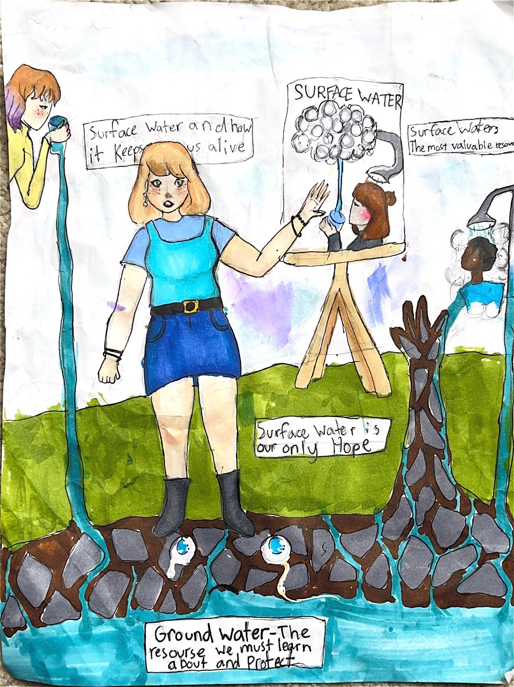 Girl standing on top of groundwater drawing