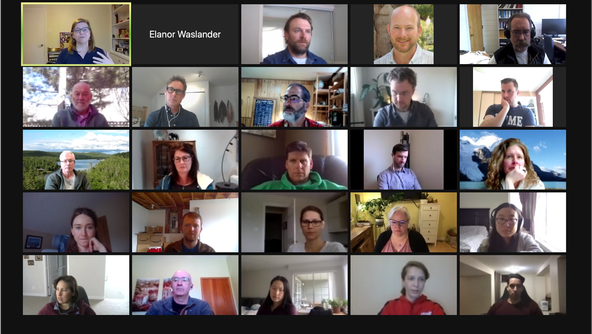 Image of virtual meeting with 20 blocks of faces.